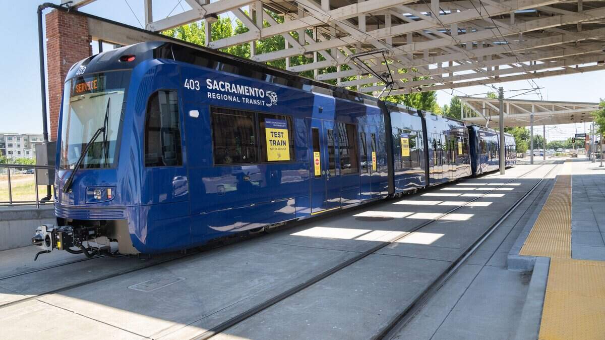 One of Sacramento Regional Transit’s S700 low-floor light rail train awaits riders at the Township 9 station in Sacramento on June 12, 2024. Construction to get the Blue Line ready for the new vehicles will disrupt service on Saturday and Sunday in south Sacramento.